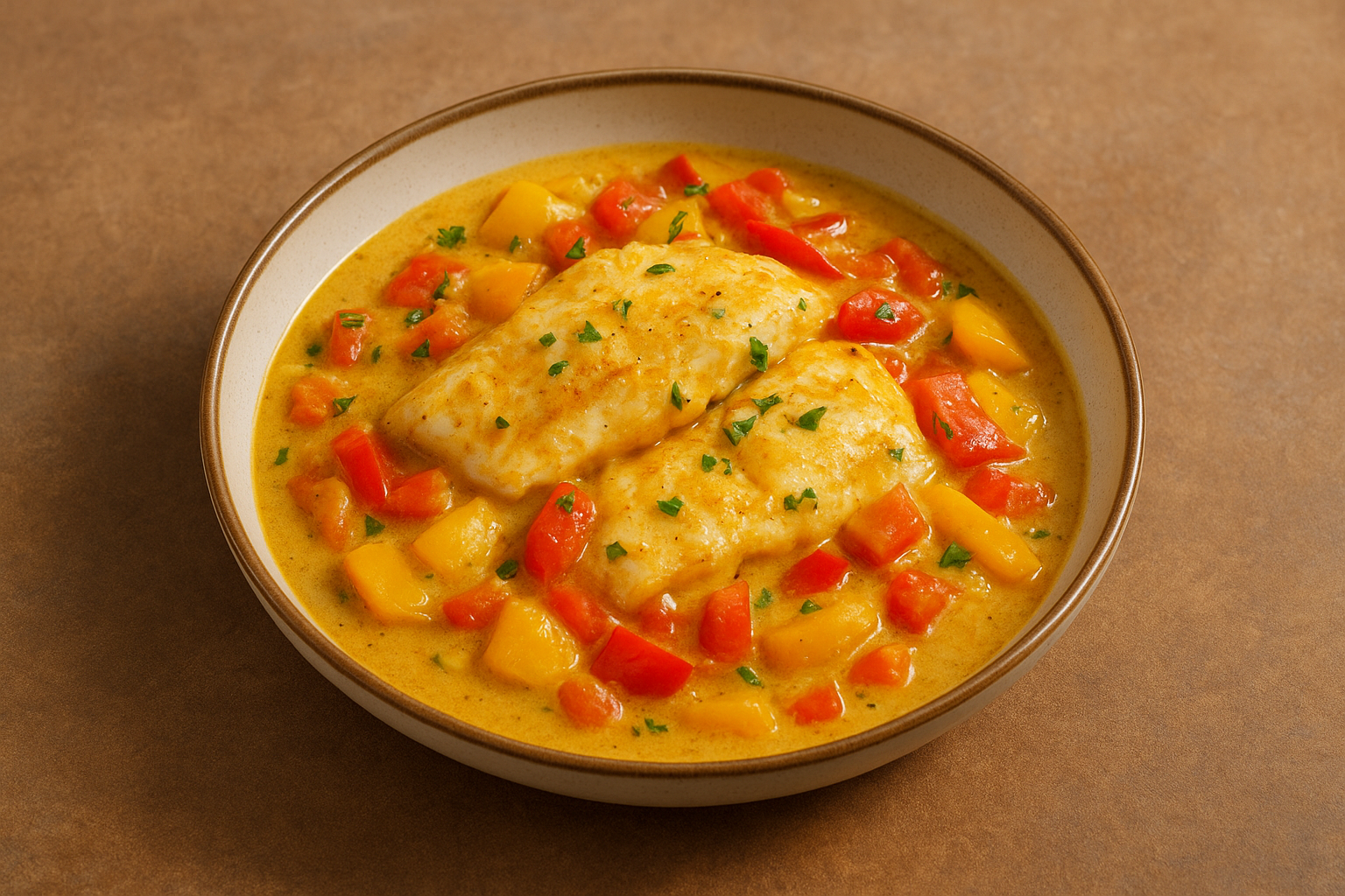 Peixe ao molho de coco com legumes