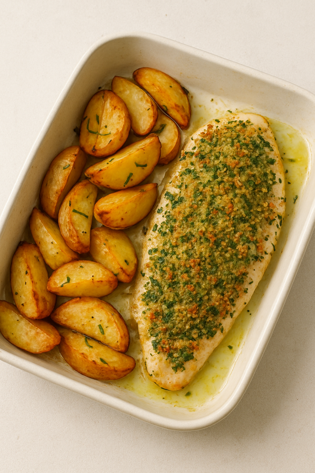 🐟 Receita Caseira: Peixe ao Forno com Crosta de Ervas e Batatas Rústicas