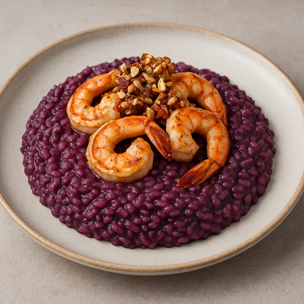 Risoto Tropical de Açaí com Camarões e Crocante de Castanha-do-Pará