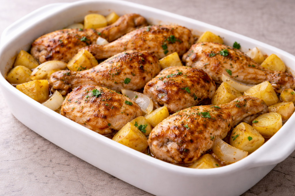 Frango de Forno Suculento com Batatas e Cebola (Receita de Casa, de Final de Semana)
