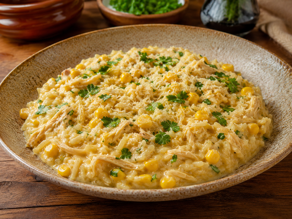 Arroz Cremoso de Panela com Frango Desfiado e Milho