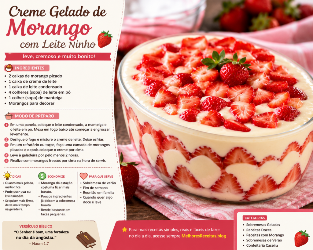 Creme Gelado de Morango com Leite Ninho (leve, cremoso e muito bonito)